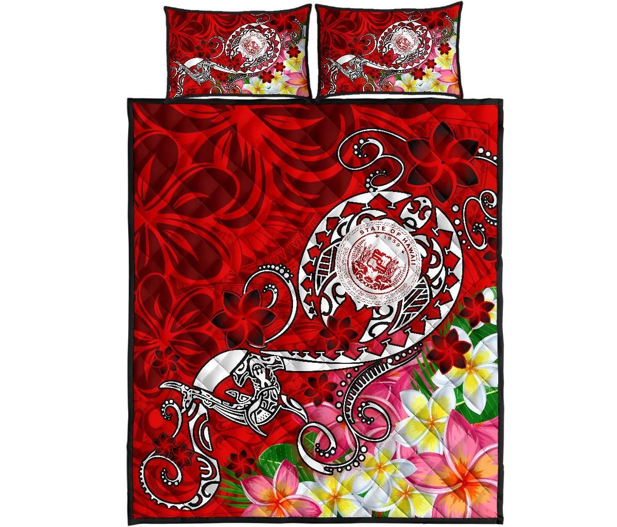 Hawaii Polynesian Quilt Bed Set - Hawaii Seal With Turtle Plumeria (Red)