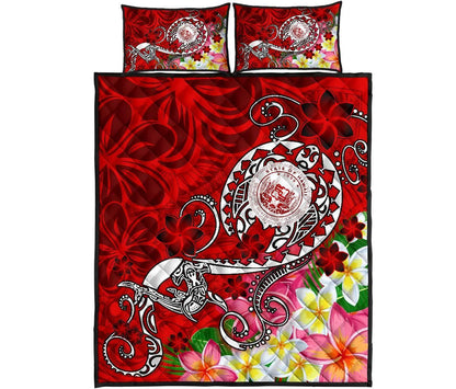 Hawaii Polynesian Quilt Bed Set - Hawaii Seal With Turtle Plumeria (Red)