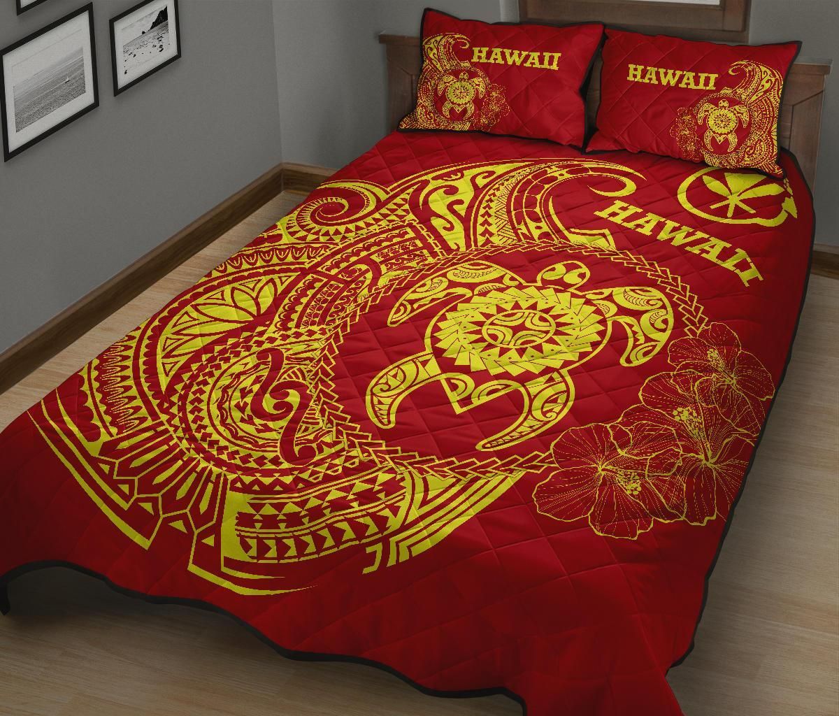 Hawaii Polynesian Quilt Bed Set - Vintage Polynesian Turtle (Red)