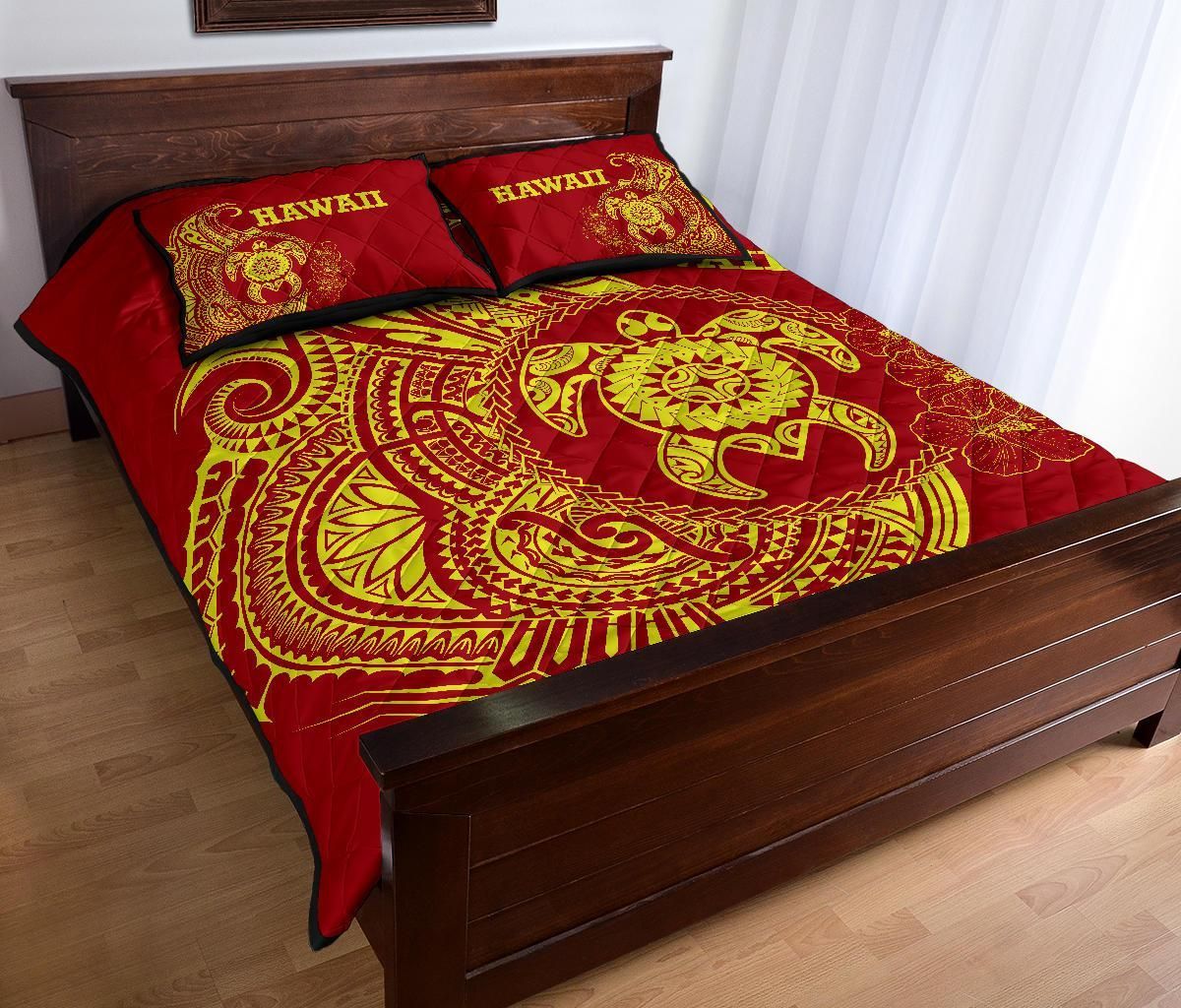 Hawaii Polynesian Quilt Bed Set - Vintage Polynesian Turtle (Red)