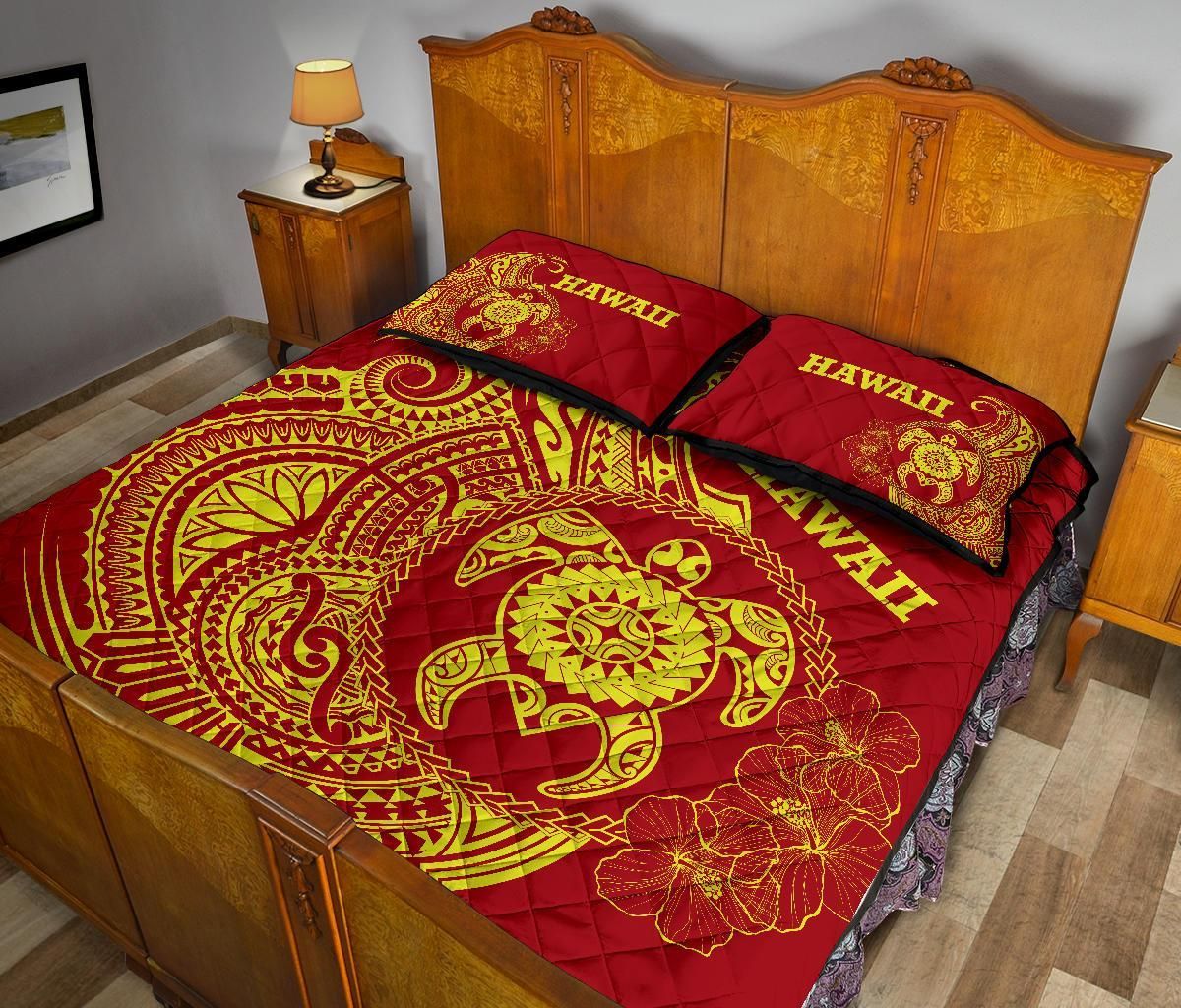 Hawaii Polynesian Quilt Bed Set - Vintage Polynesian Turtle (Red)