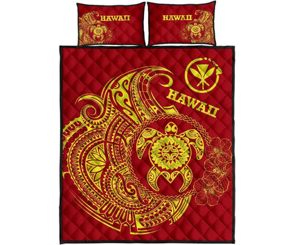 Hawaii Polynesian Quilt Bed Set - Vintage Polynesian Turtle (Red)
