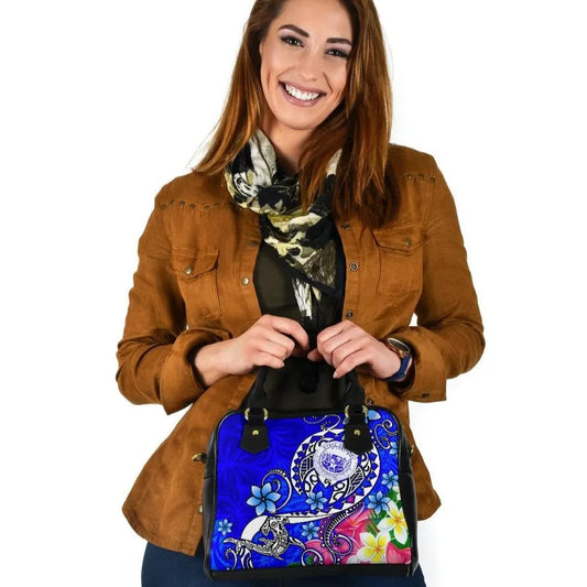 Hawaii Polynesian Shoulder Handbag - Hawaii Seal With Turtle Plumeria (Blue)