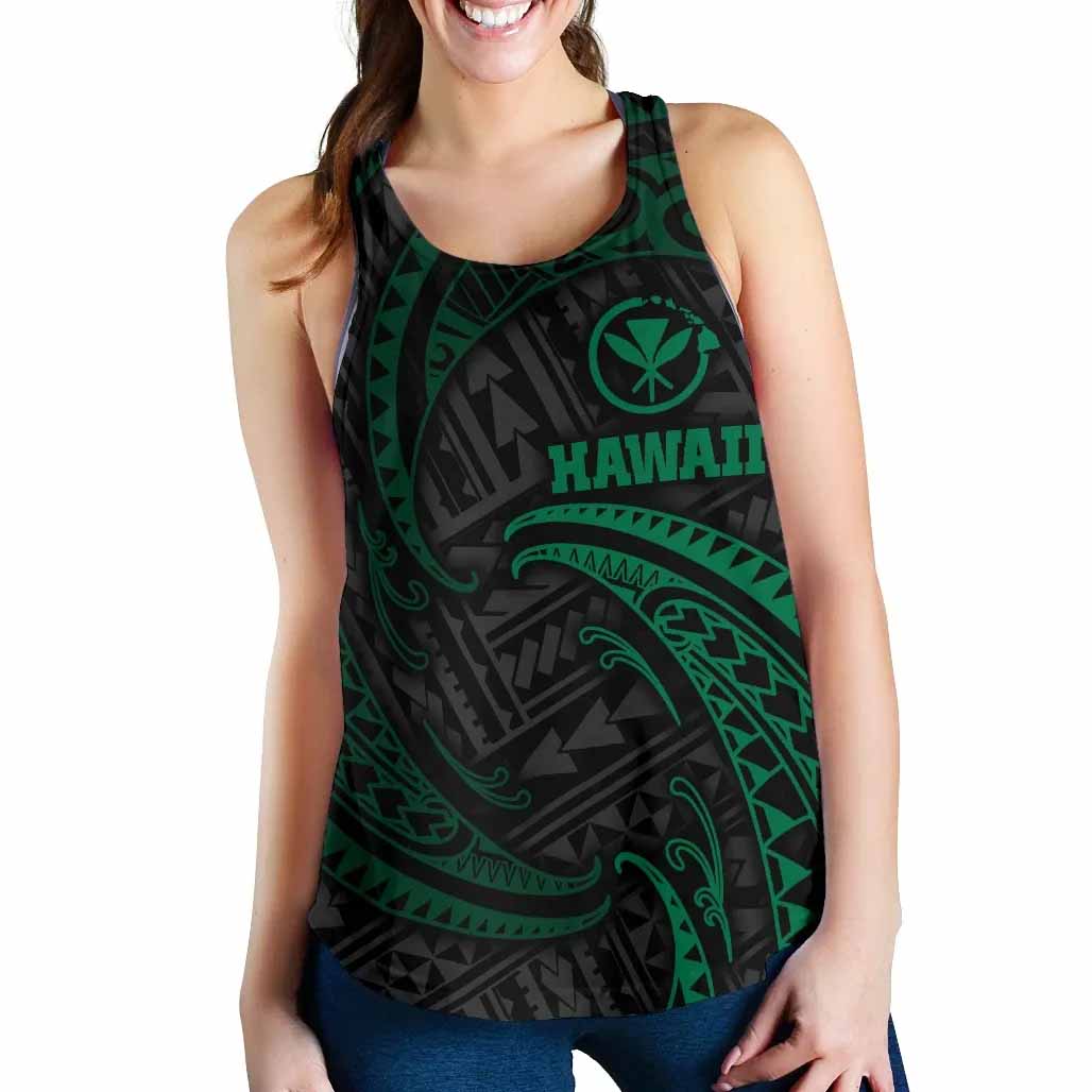 Hawaii Polynesian Women Racerback Tank - Green Tribal Wave