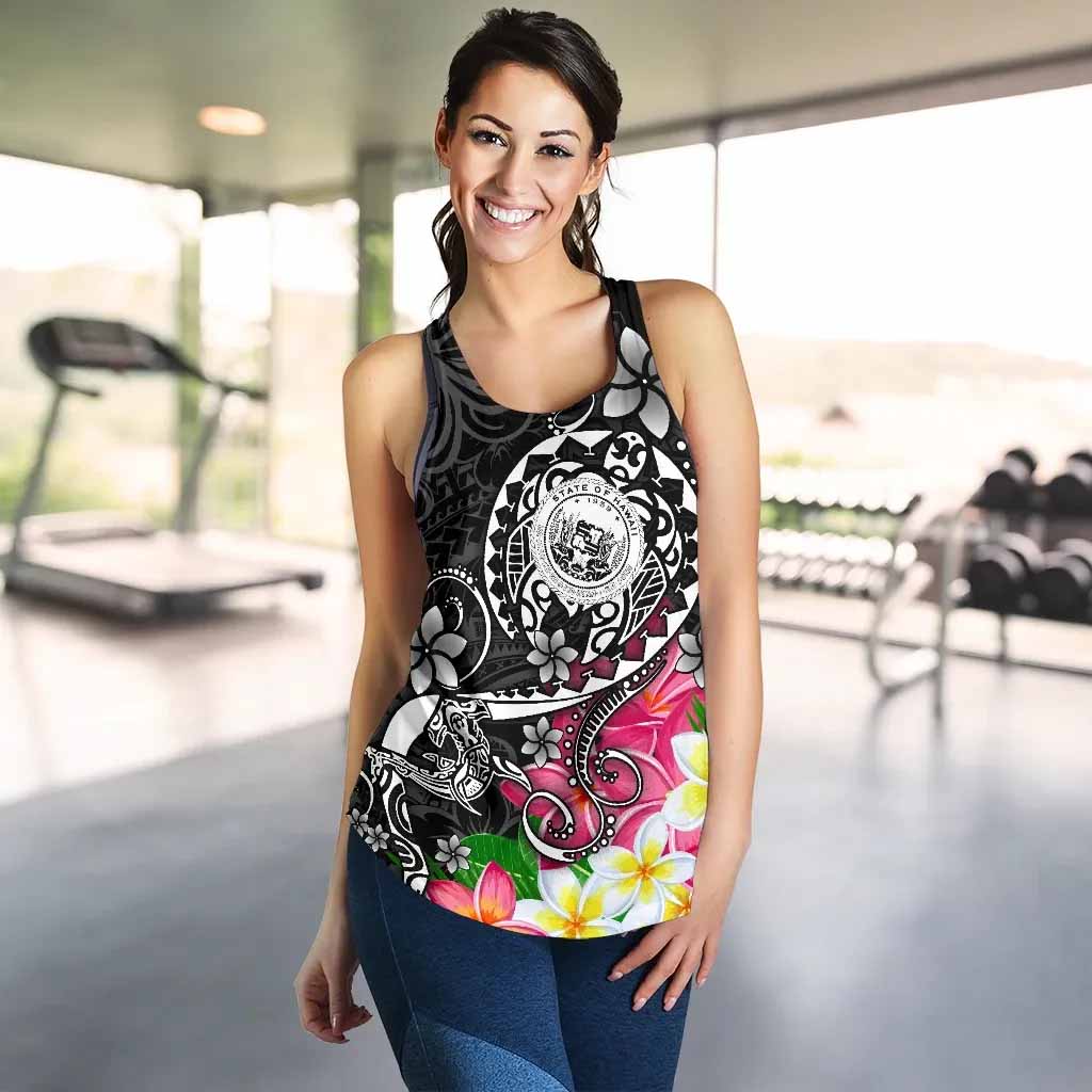 Hawaii Polynesian Women Racerback Tank - Hawaii Seal With Turtle Plumeria (Black)