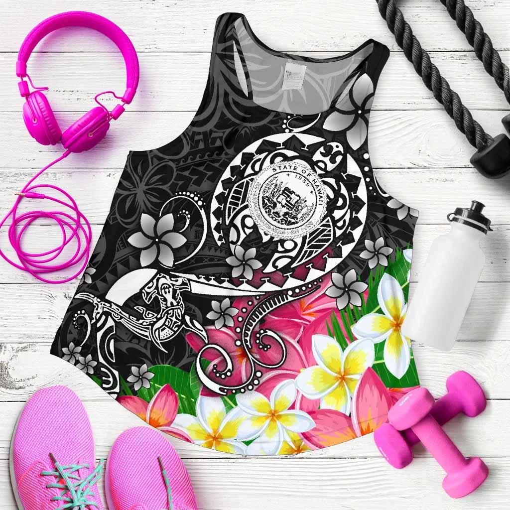 Hawaii Polynesian Women Racerback Tank - Hawaii Seal With Turtle Plumeria (Black)