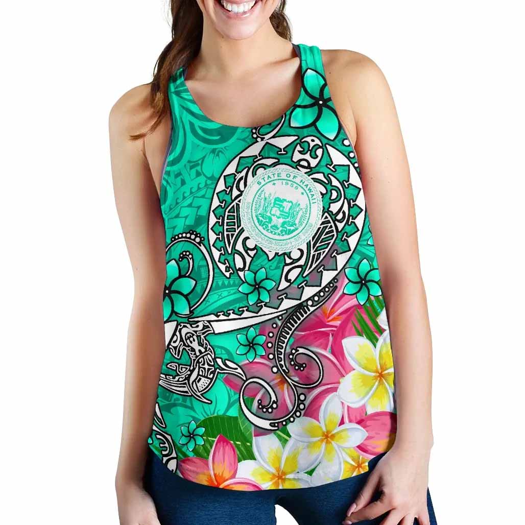Hawaii Polynesian Women Racerback Tank - Hawaii Seal With Turtle Plumeria (Turquoise)