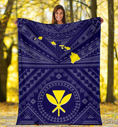 Hawaii Premium Blanket - Hawaii Kanaka Maoli And Map (Blue)