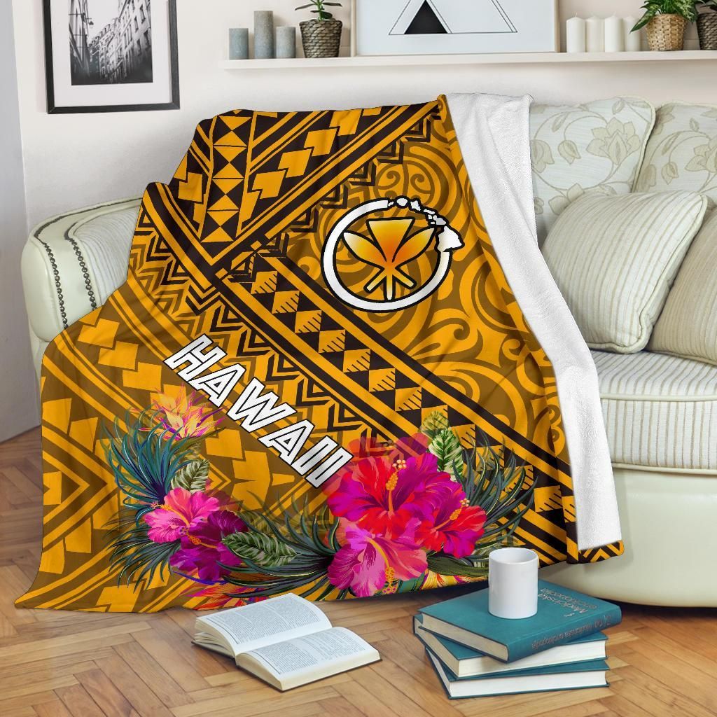 Hawaii Premium Blanket - Kanaka Maoli With Hibiscus On Polynesian Patterns (Yellow)