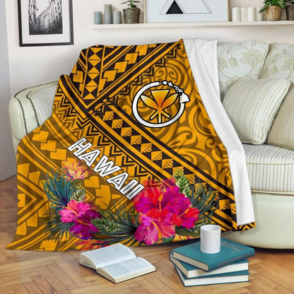 Hawaii Premium Blanket - Kanaka Maoli With Hibiscus On Polynesian Patterns (Yellow)