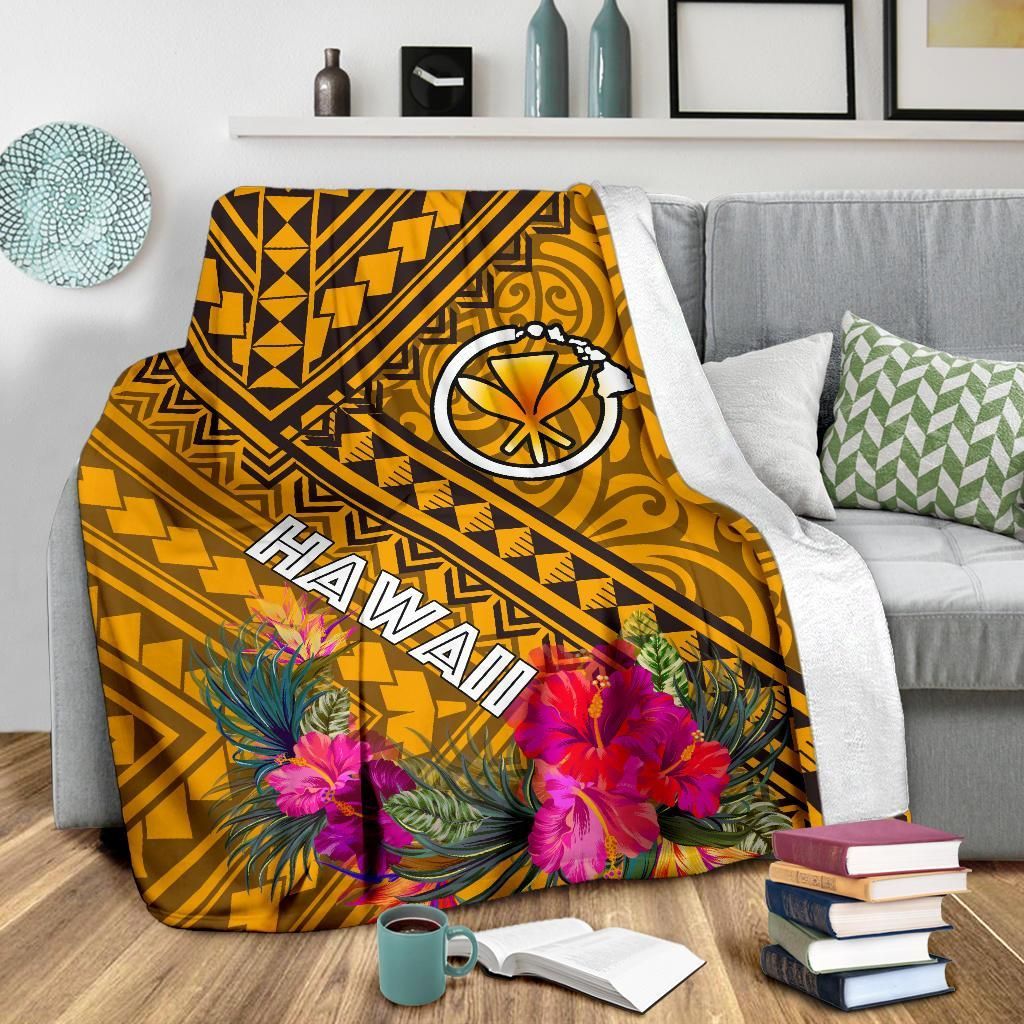 Hawaii Premium Blanket - Kanaka Maoli With Hibiscus On Polynesian Patterns (Yellow)