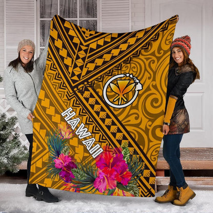 Hawaii Premium Blanket - Kanaka Maoli With Hibiscus On Polynesian Patterns (Yellow)