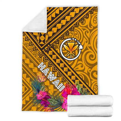 Hawaii Premium Blanket - Kanaka Maoli With Hibiscus On Polynesian Patterns (Yellow)