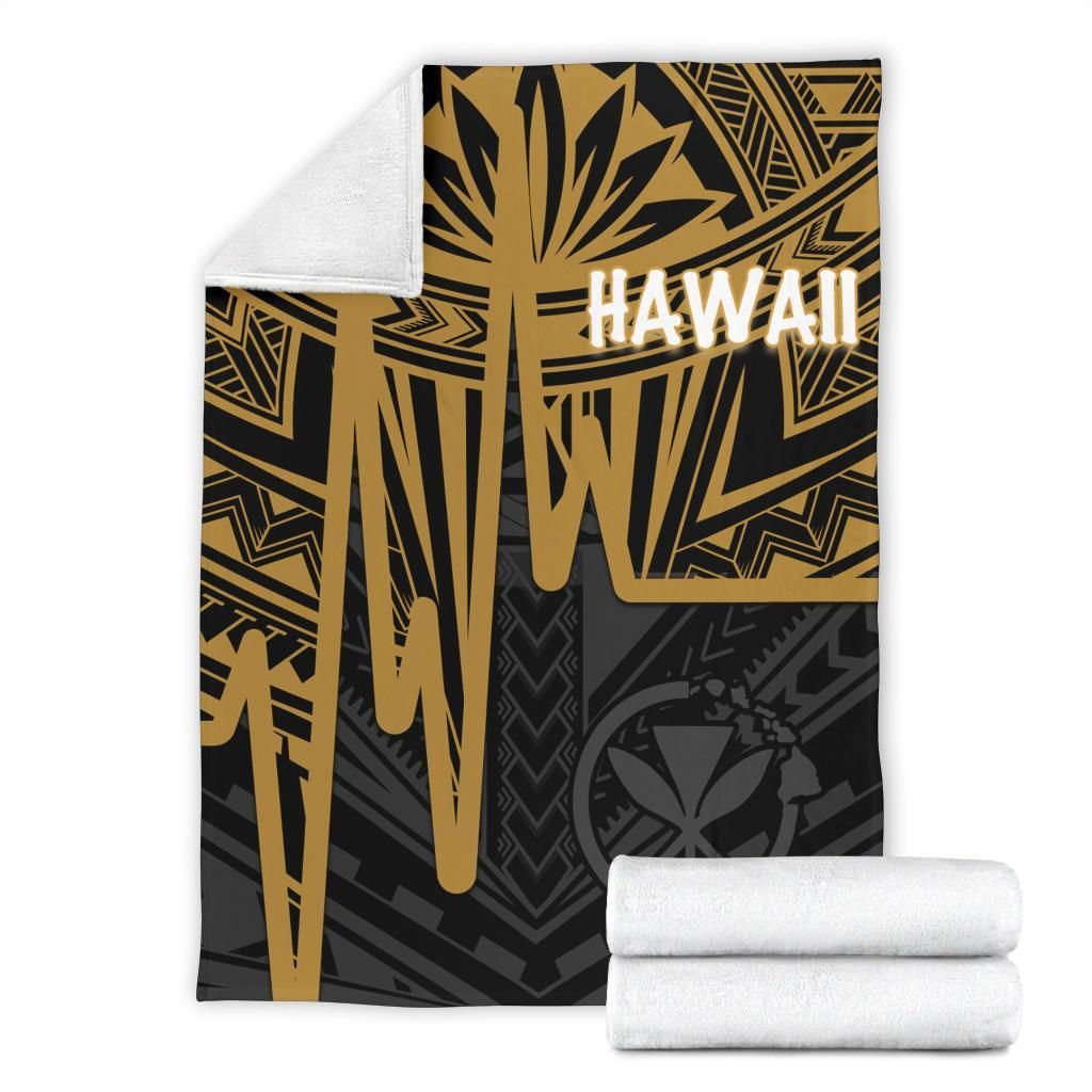 Hawaii Premium Blanket - Kanaka Maoli With Polynesian Pattern In Heartbeat Style (Gold)