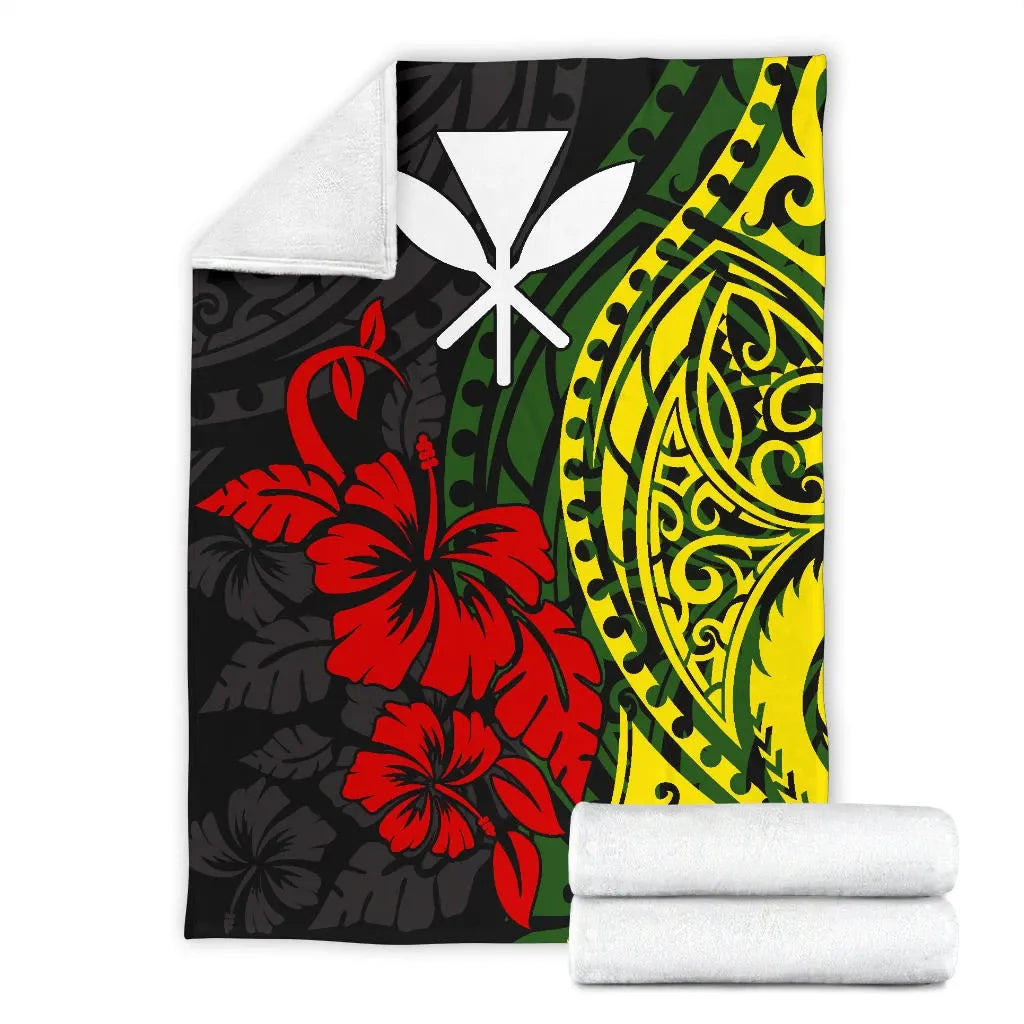 Hawaii Premium Blanket - Polynesian Patterns With Hibiscus Flowers