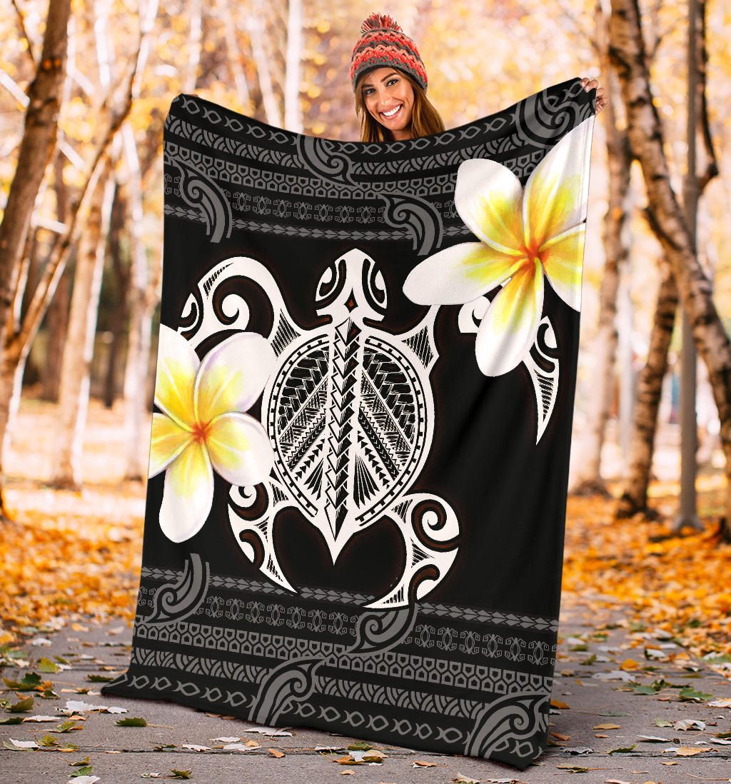 Hawaii Premium Blanket - Turtle Plumeria Flowers Polynesian Pattern