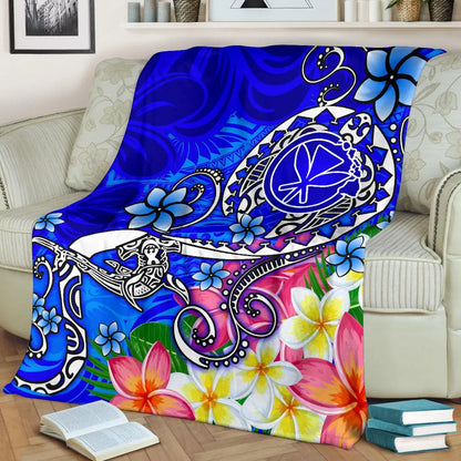 Hawaii Premium Blanket  - Turtle Plumeria Polynesian Tattoo Blue Color