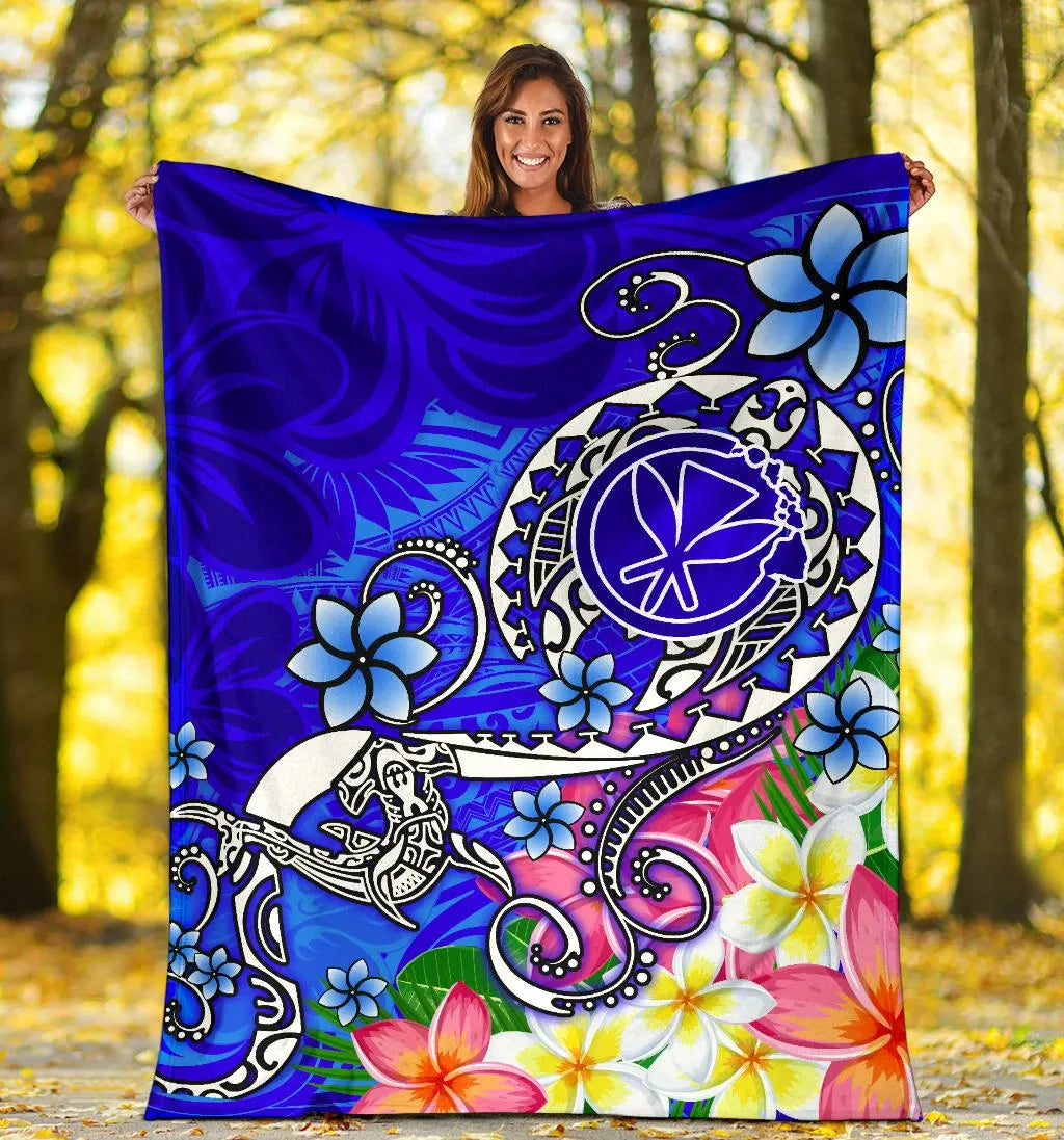 Hawaii Premium Blanket  - Turtle Plumeria Polynesian Tattoo Blue Color