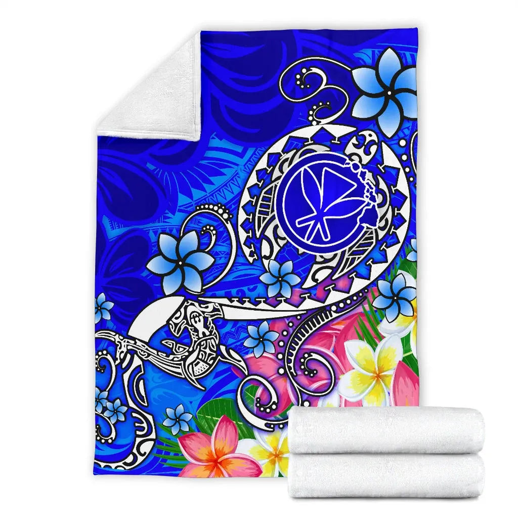 Hawaii Premium Blanket  - Turtle Plumeria Polynesian Tattoo Blue Color