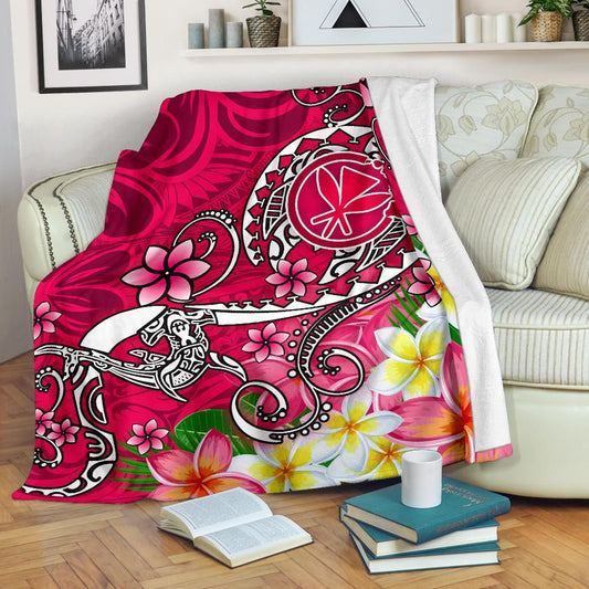 Hawaii Premium Blanket - Turtle Plumeria Polynesian Tattoo Pink Color