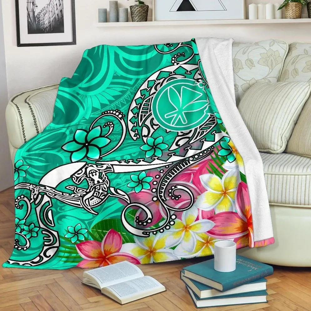 Hawaii Premium Blanket- Turtle Plumeria Polynesian Tattoo Turquoise Color