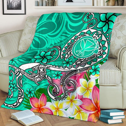 Hawaii Premium Blanket- Turtle Plumeria Polynesian Tattoo Turquoise Color