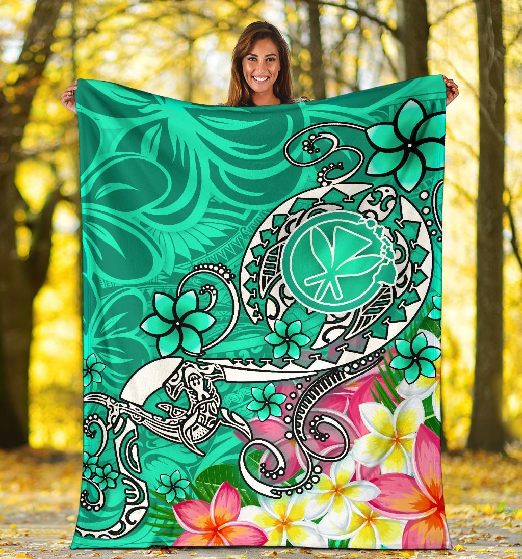 Hawaii Premium Blanket- Turtle Plumeria Polynesian Tattoo Turquoise Color