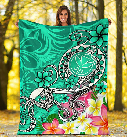 Hawaii Premium Blanket- Turtle Plumeria Polynesian Tattoo Turquoise Color