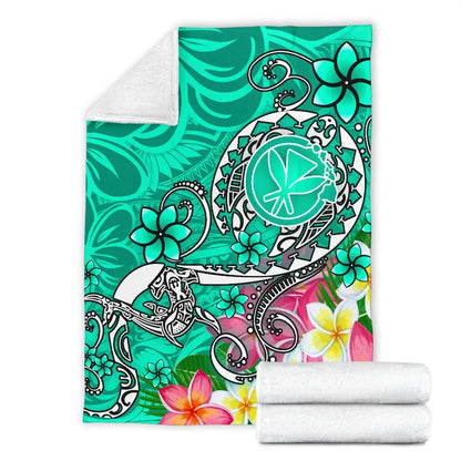 Hawaii Premium Blanket- Turtle Plumeria Polynesian Tattoo Turquoise Color