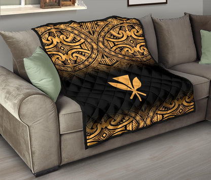 Hawaii Premium Quilt - Gold Kanaka Maoli Polynesian Tattoo & Black Frog