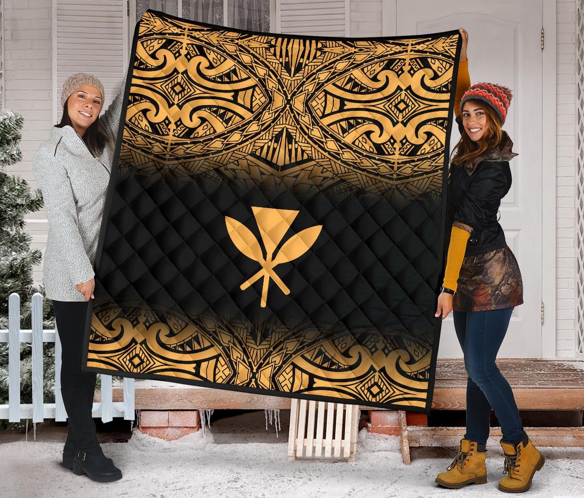 Hawaii Premium Quilt - Gold Kanaka Maoli Polynesian Tattoo & Black Frog