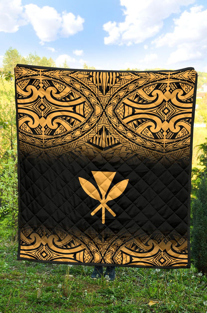 Hawaii Premium Quilt - Gold Kanaka Maoli Polynesian Tattoo & Black Frog