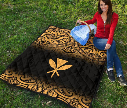 Hawaii Premium Quilt - Gold Kanaka Maoli Polynesian Tattoo & Black Frog