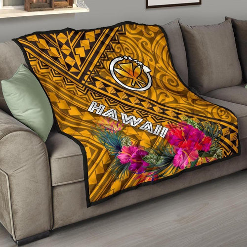 Hawaii Premium Quilt - Kanaka Maoli With Hibiscus On Polynesian Patterns (Yellow)