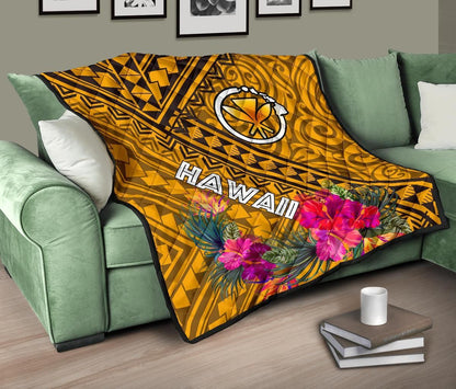 Hawaii Premium Quilt - Kanaka Maoli With Hibiscus On Polynesian Patterns (Yellow)