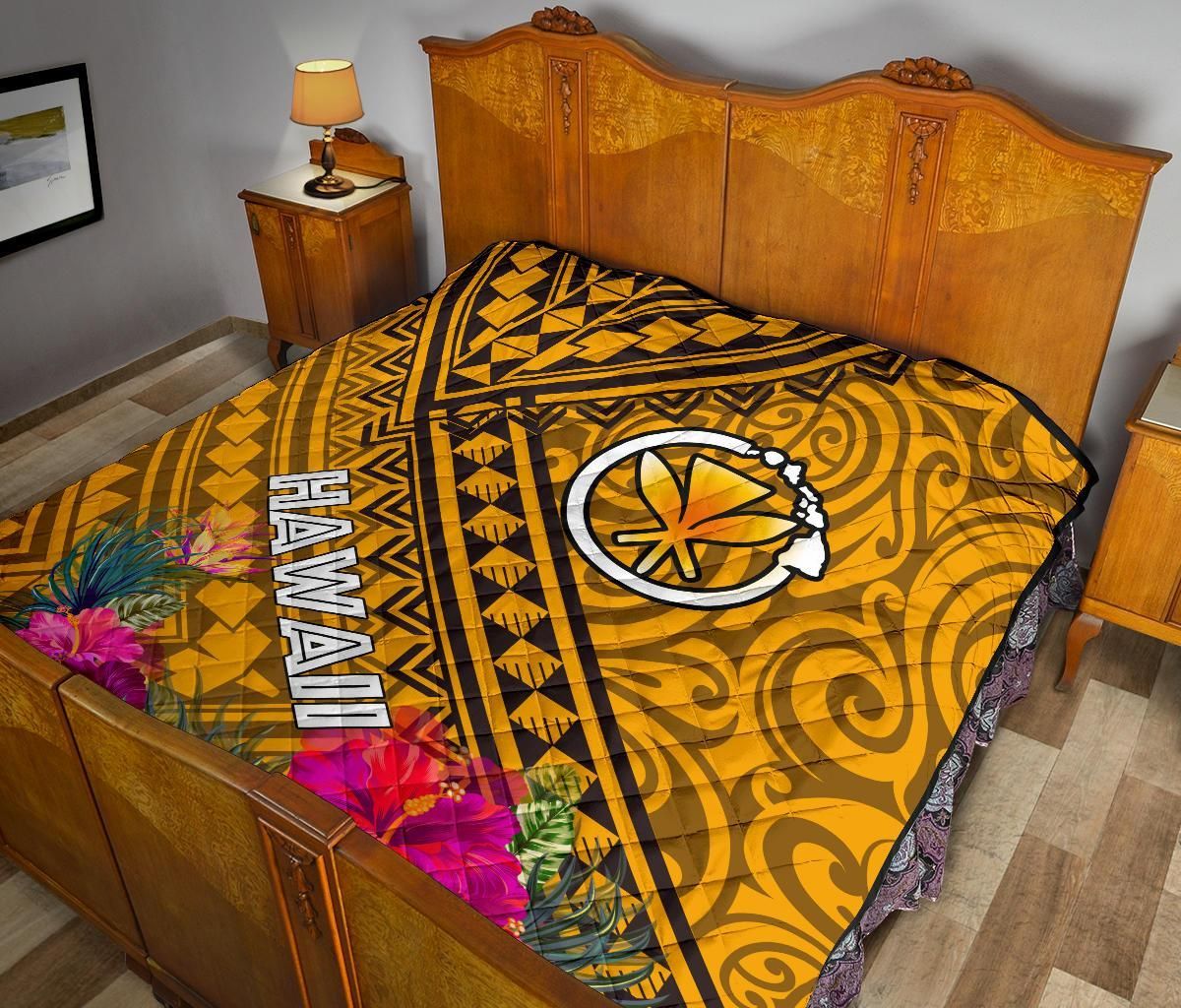 Hawaii Premium Quilt - Kanaka Maoli With Hibiscus On Polynesian Patterns (Yellow)