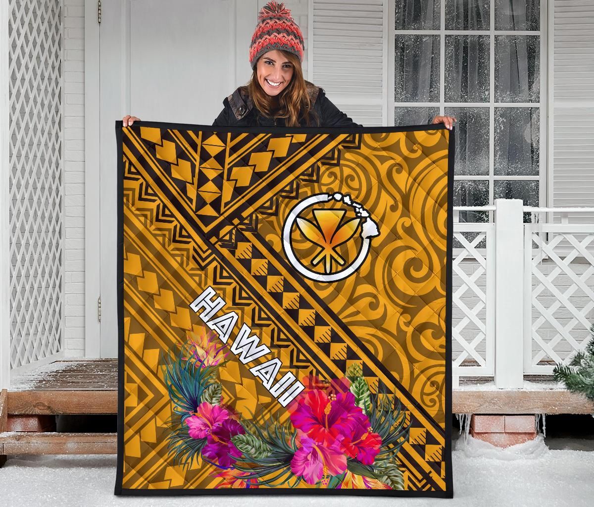 Hawaii Premium Quilt - Kanaka Maoli With Hibiscus On Polynesian Patterns (Yellow)