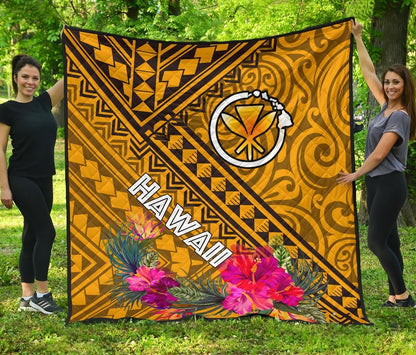 Hawaii Premium Quilt - Kanaka Maoli With Hibiscus On Polynesian Patterns (Yellow)