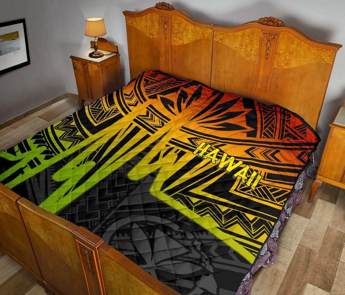 Hawaii Premium Quilt -  Kanaka Maoli With Polynesian Pattern In Heartbeat Style (Reggae)