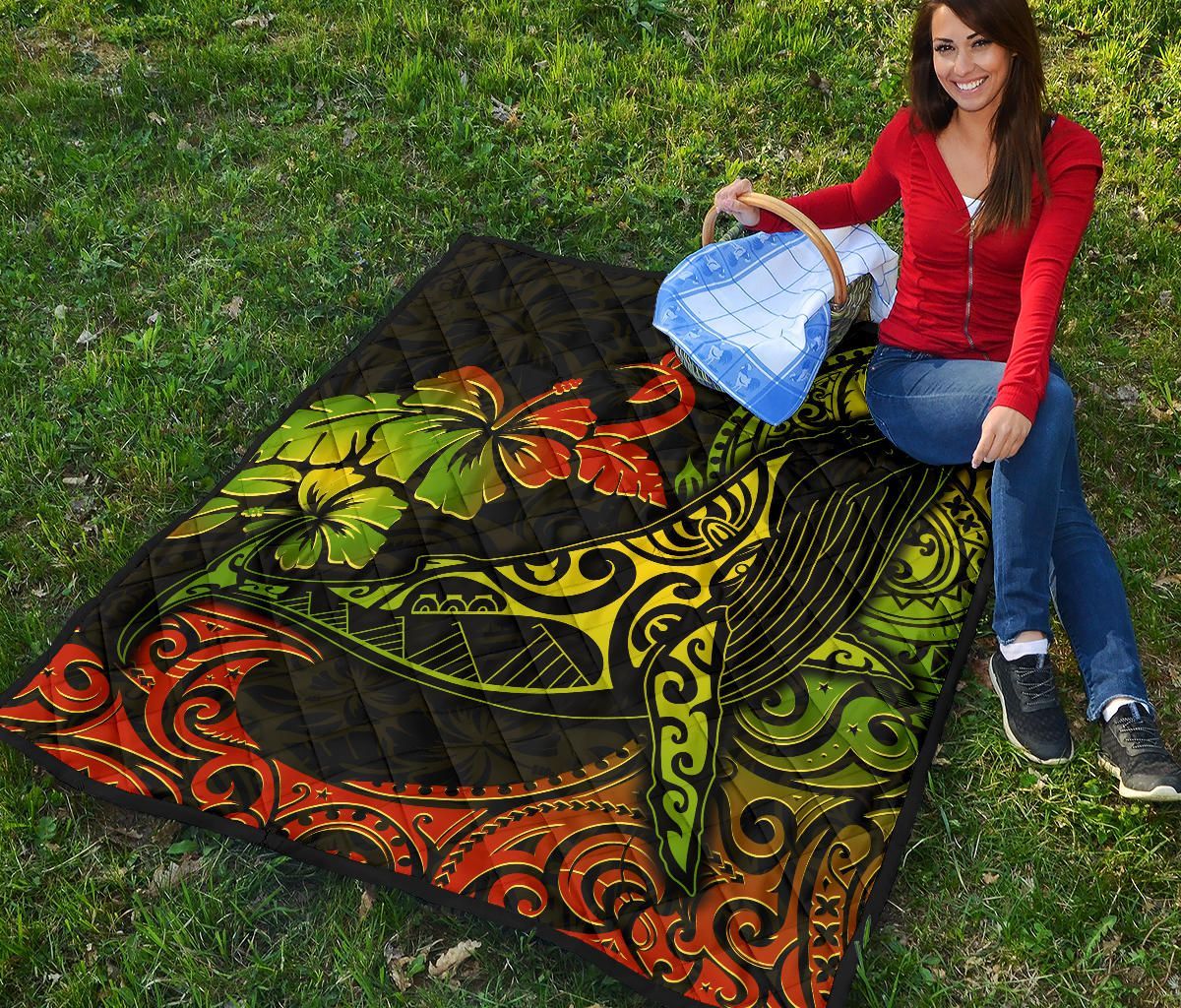 Hawaii Premium Quilt - Humpback Whale Hibiscus