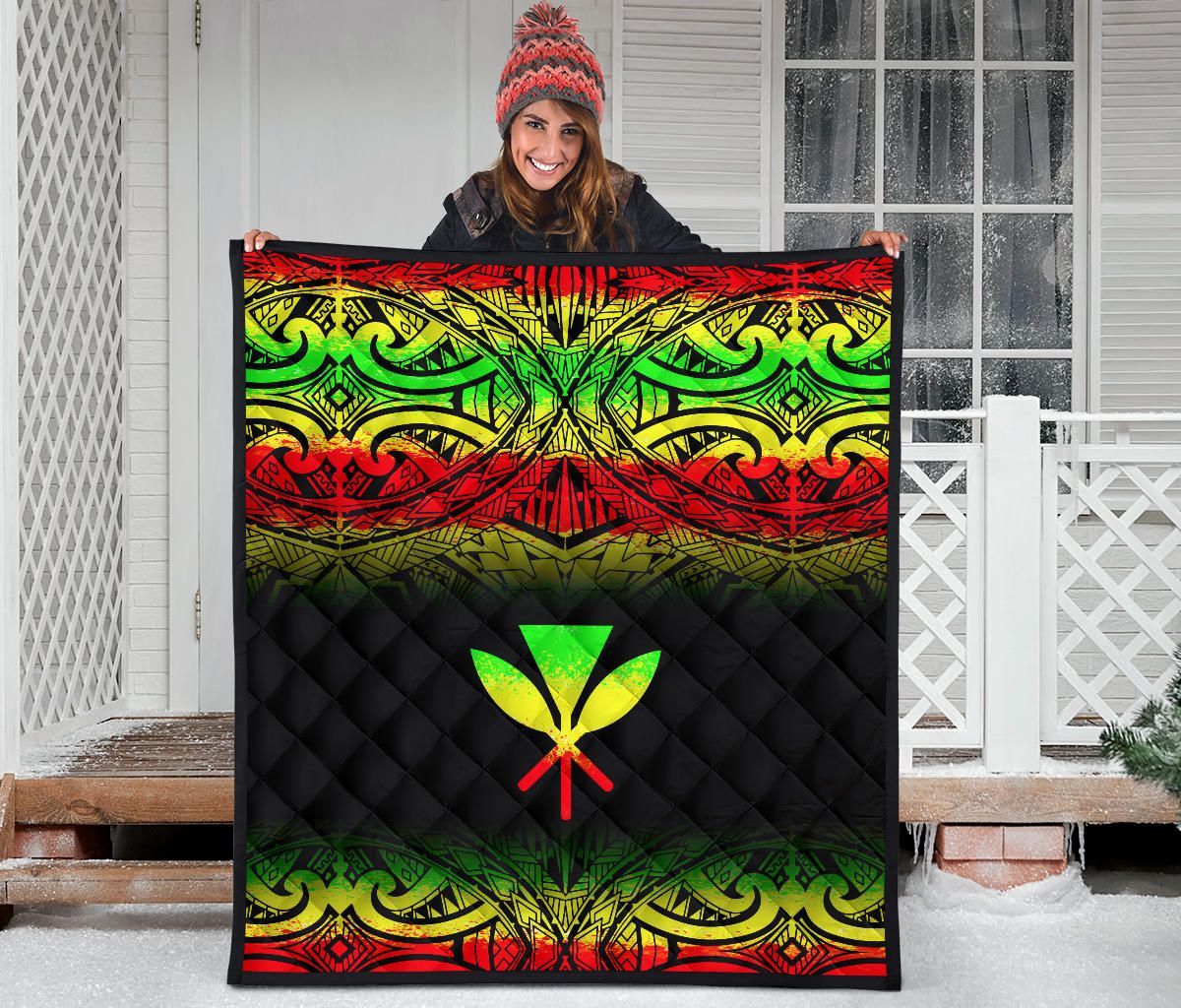 Hawaii Premium Quilt - Reggae Kanaka Maoli Polynesian Tattoo & Black Frog