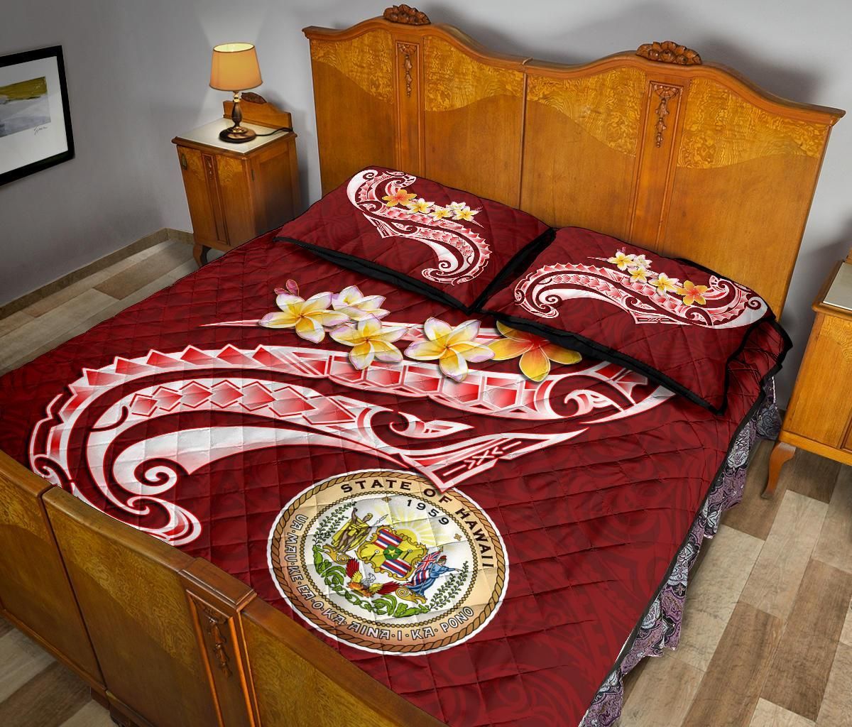 Hawaii Quilt Bed Set - Hawaii Seal Polynesian Patterns Plumeria