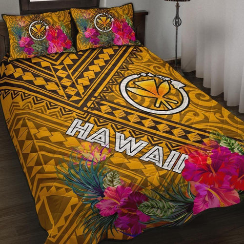 Hawaii Quilt Bed Set - Kanaka Maoli With Hibiscus On Polynesian Patterns (Yellow)