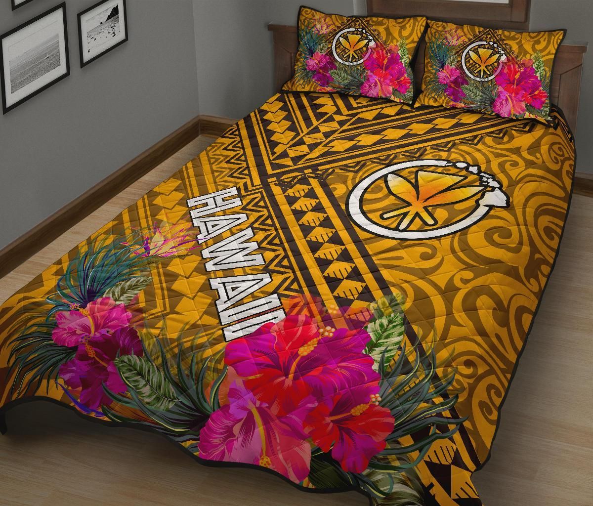 Hawaii Quilt Bed Set - Kanaka Maoli With Hibiscus On Polynesian Patterns (Yellow)