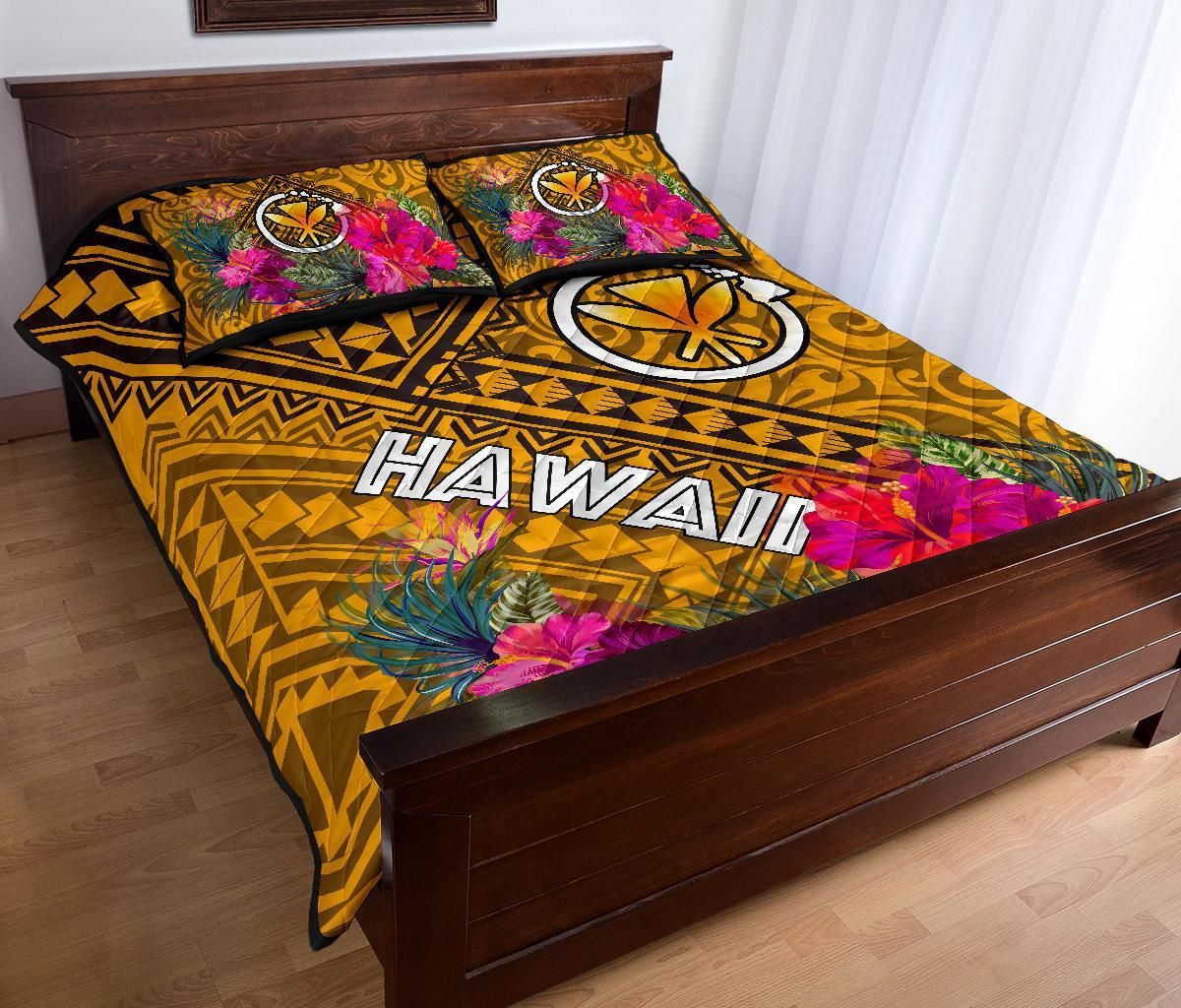 Hawaii Quilt Bed Set - Kanaka Maoli With Hibiscus On Polynesian Patterns (Yellow)
