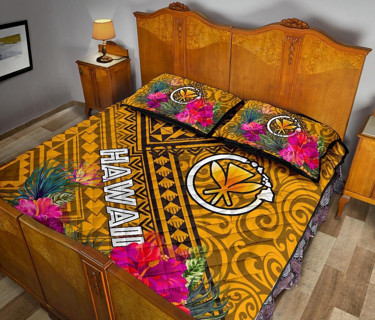 Hawaii Quilt Bed Set - Kanaka Maoli With Hibiscus On Polynesian Patterns (Yellow)