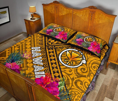 Hawaii Quilt Bed Set - Kanaka Maoli With Hibiscus On Polynesian Patterns (Yellow)