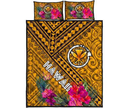 Hawaii Quilt Bed Set - Kanaka Maoli With Hibiscus On Polynesian Patterns (Yellow)
