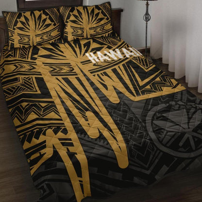 Hawaii Quilt Bed Set - Kanaka Maoli With Polynesian Pattern In Heartbeat Style (Gold)