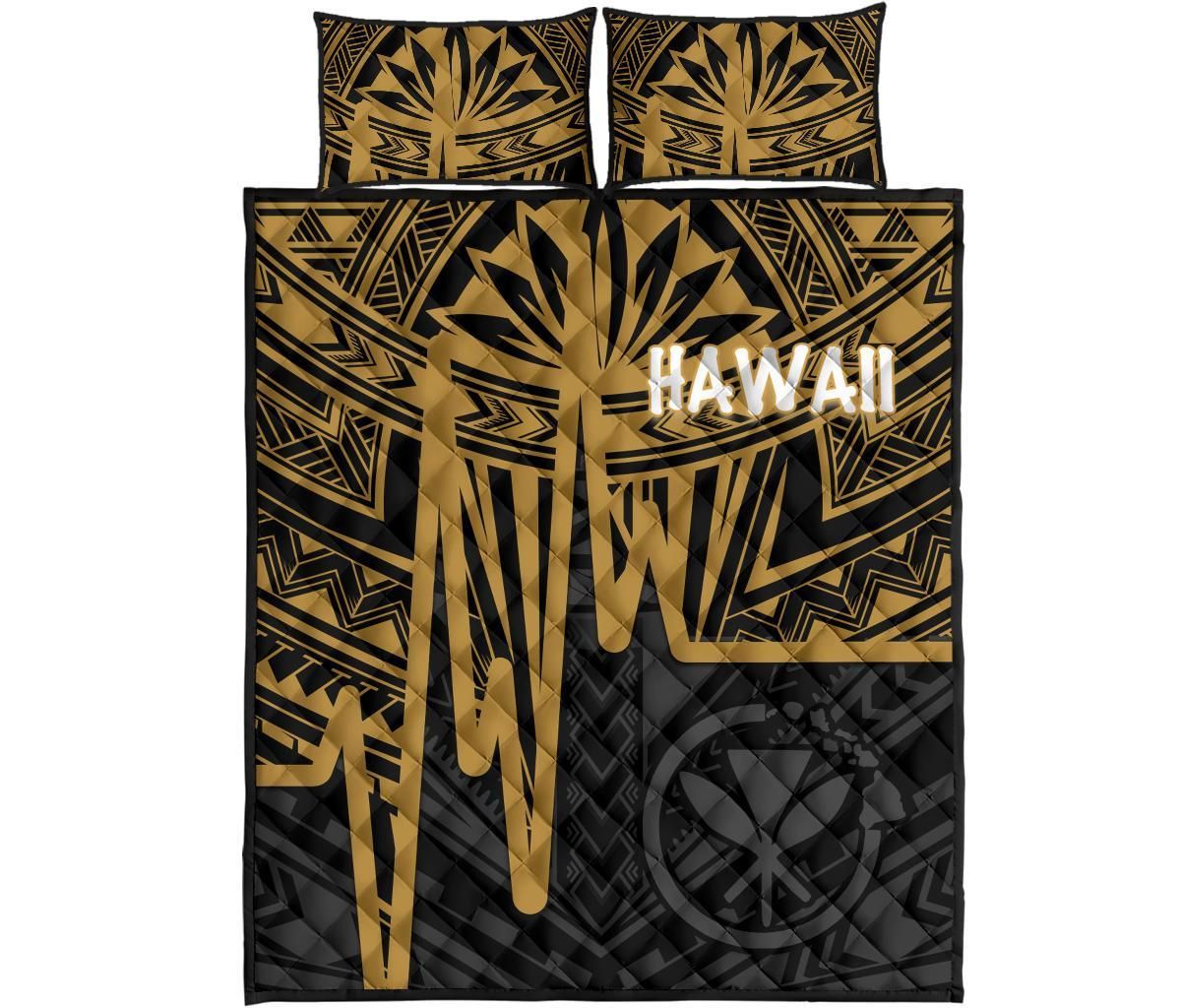 Hawaii Quilt Bed Set - Kanaka Maoli With Polynesian Pattern In Heartbeat Style (Gold)